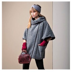 NWT Fleece Striped Black and Gray Poncho